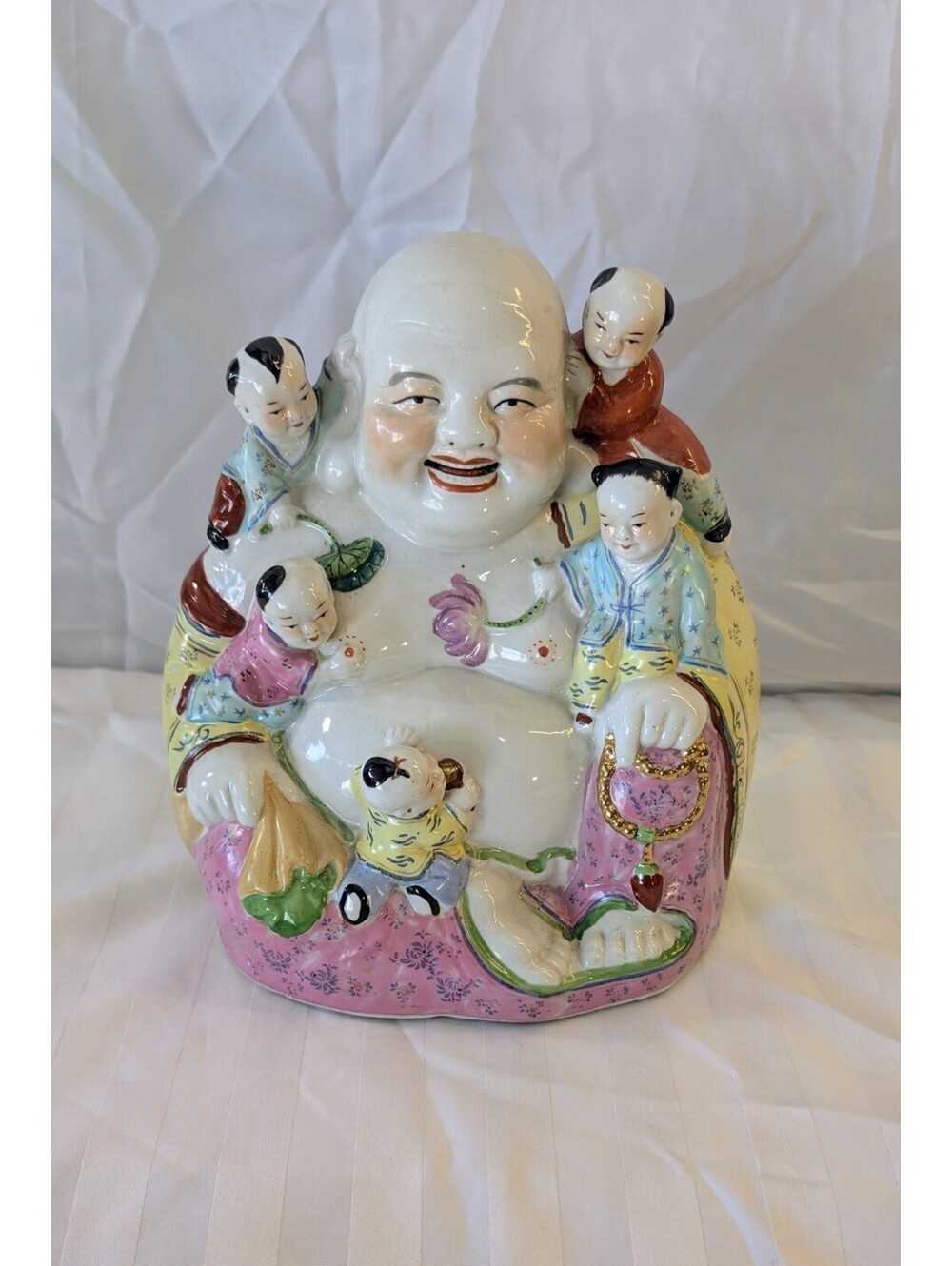 Vintage Famille Rose Porcelain Laughing Budai Buddha Figure with Five Children,